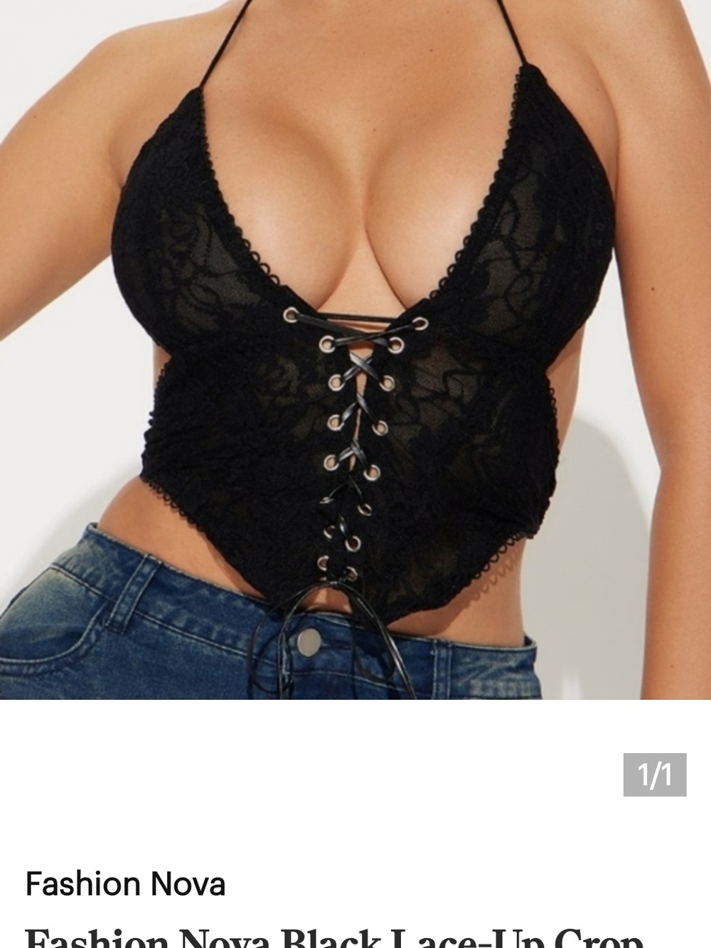 Fashion Nova Black Lace-Up Sheer Crop Halter